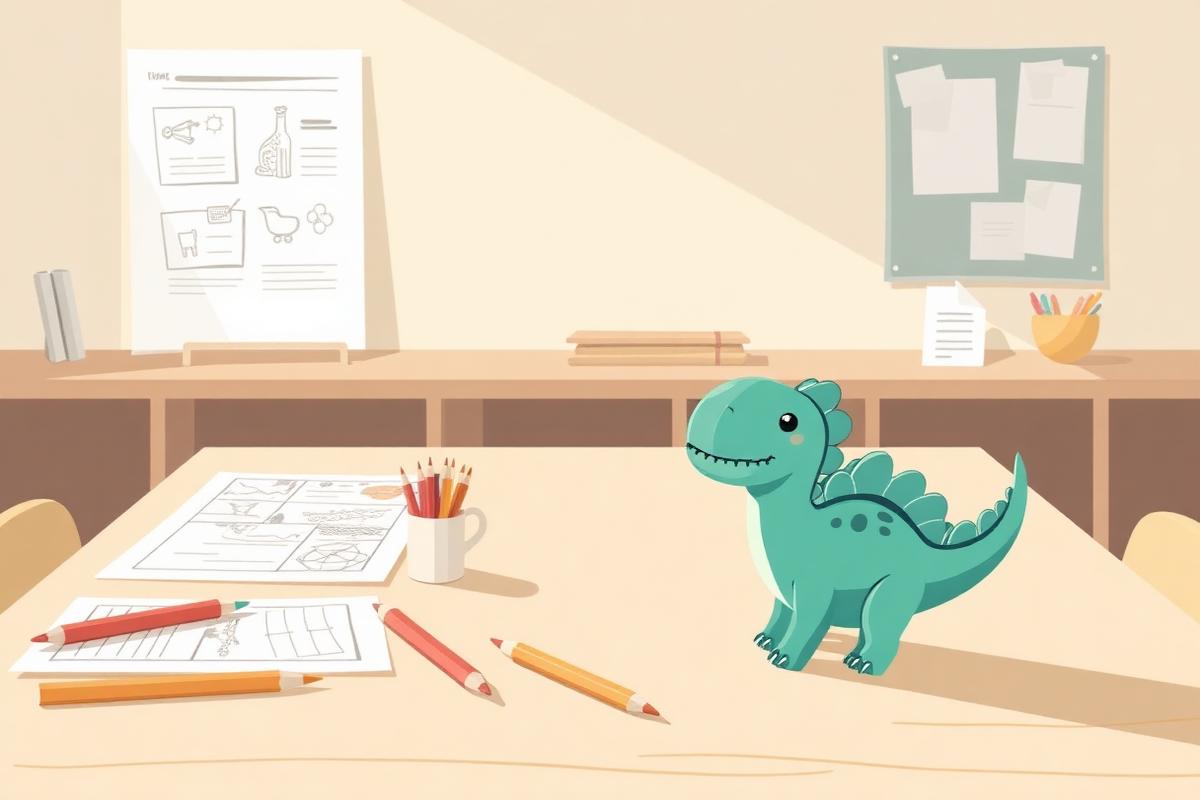 A classroom table with printable activity sheets, coloured pencils and a small dinosaur figure