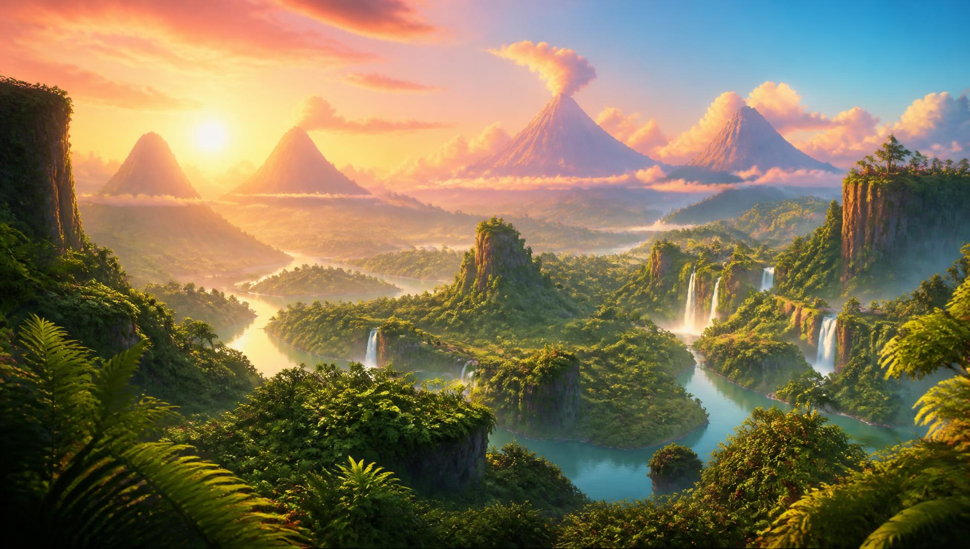 A sunlit prehistoric valley of green forests, winding rivers, waterfalls and distant volcanoes