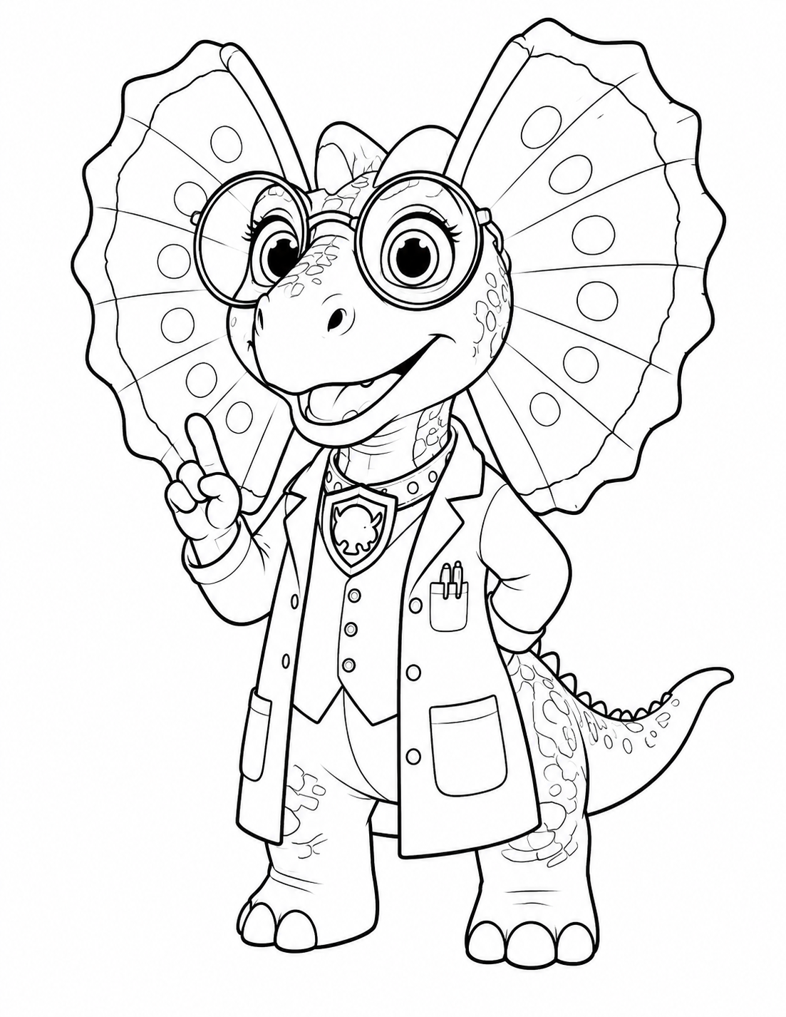 Black-and-white printable coloring page of Professor Nikki from The Valorsaurs.